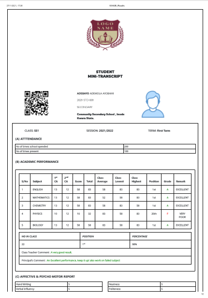 Report card sample